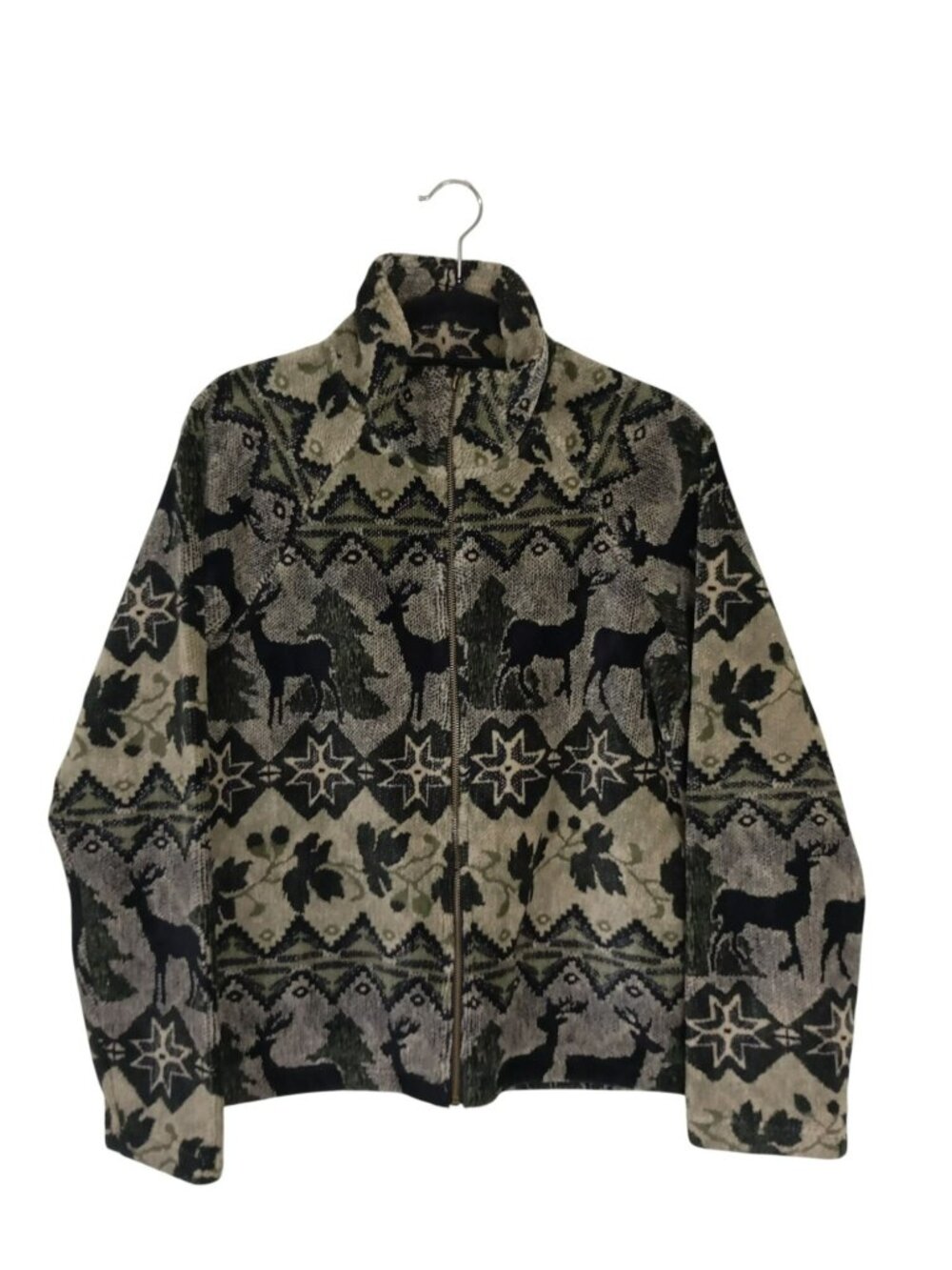 Barrage Collection Deer & Star Pattern Fleece Jacket Size L Green & Black